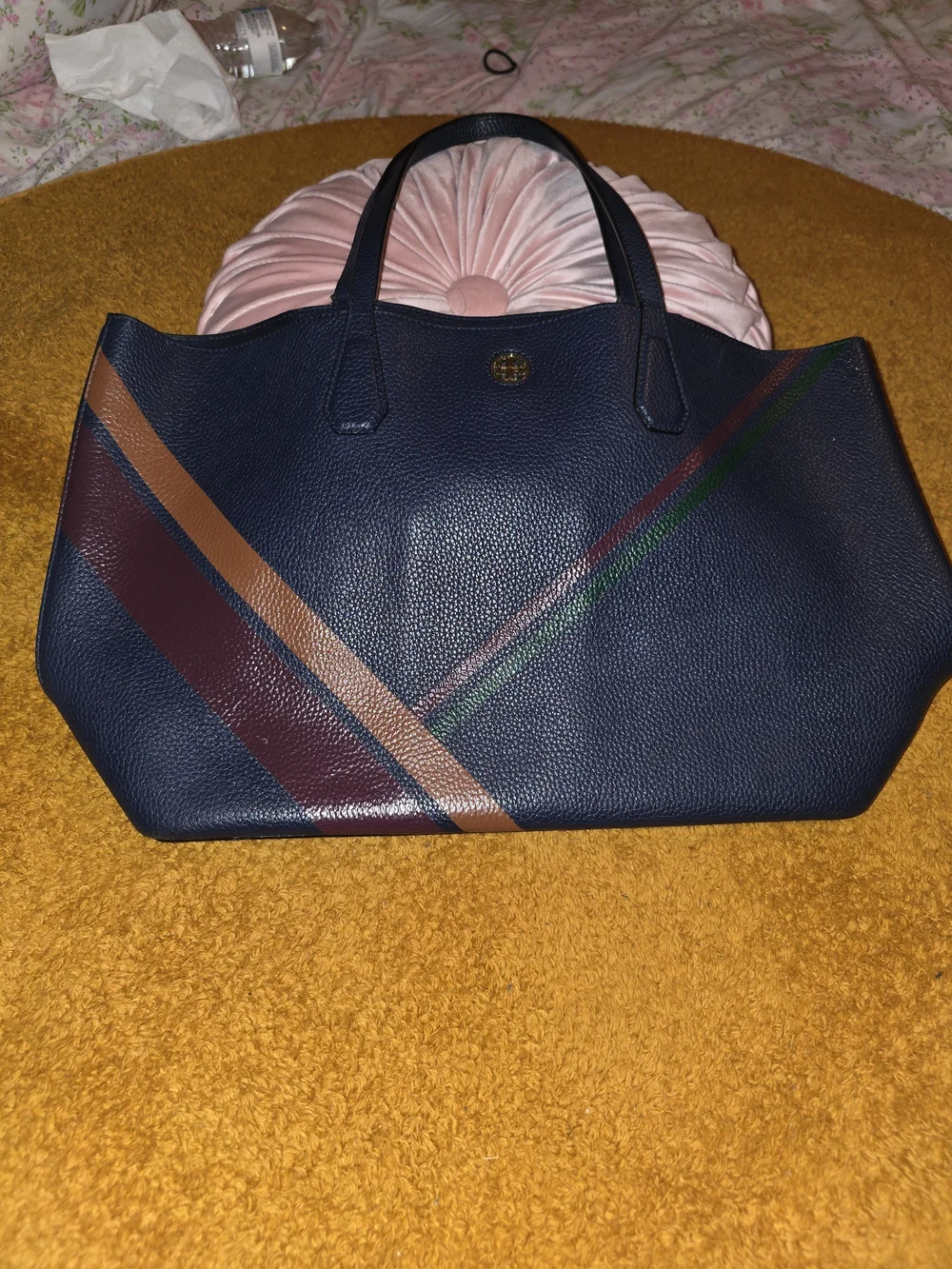 Tory Burch Perry Navy Pebbled Leather Multi-Stripe Tote Bag